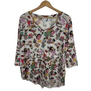 Nicole Miller 100% Linen Top Sz 1X Beach Print Colorful V-Neck 3/4 Sleeve Blouse